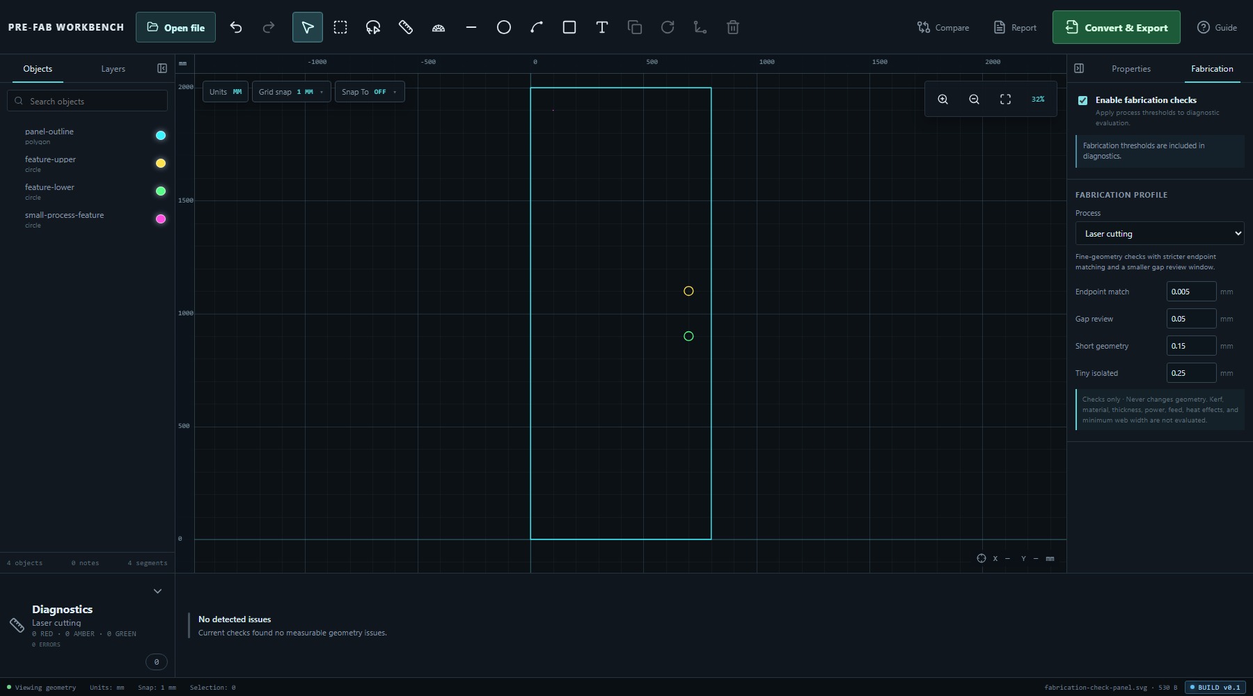 PRE-FAB Workbench showing Laser cutting thresholds, no detected issues, and the profile limitation note.