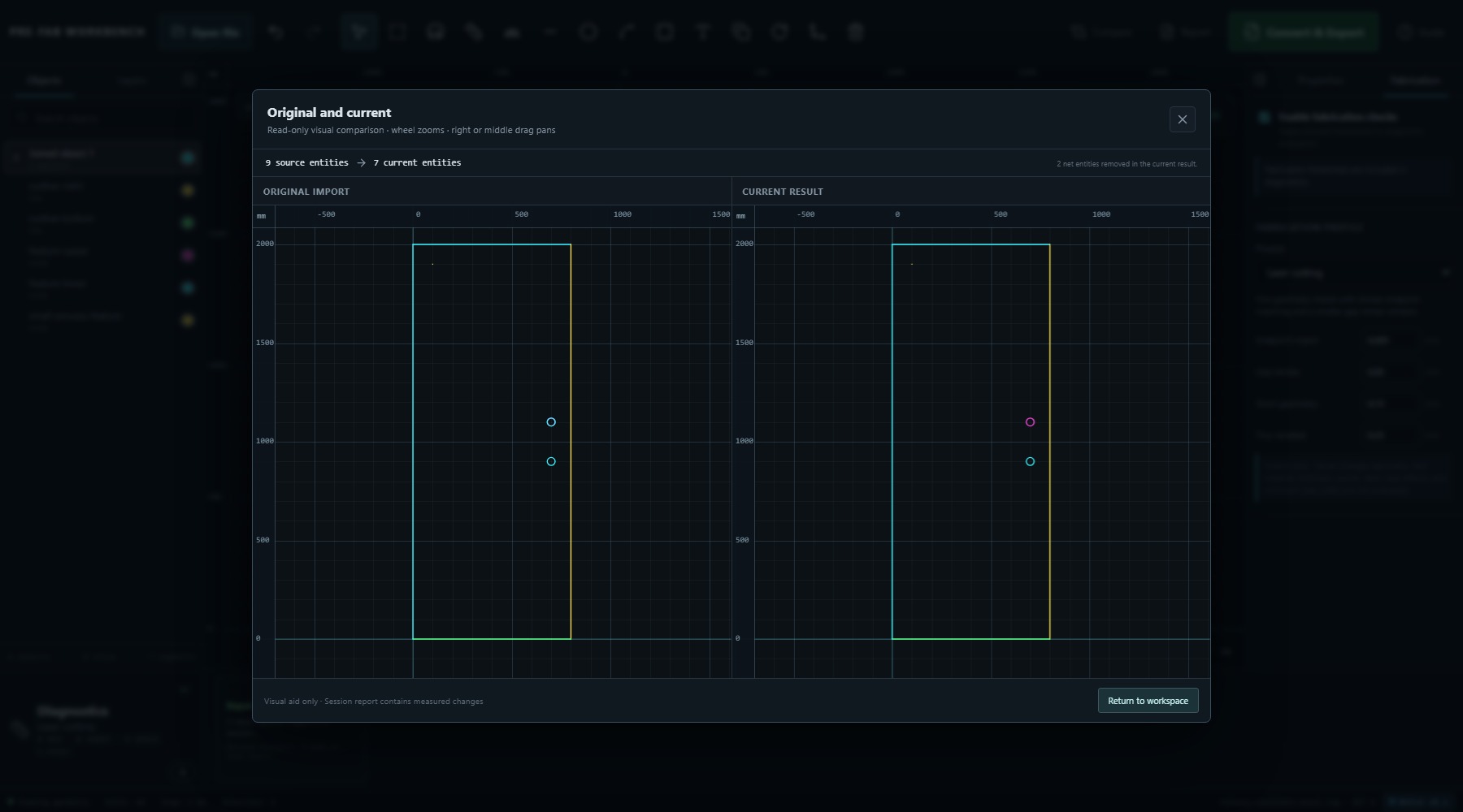 PRE-FAB Compare view showing nine source entities and seven current entities side by side.