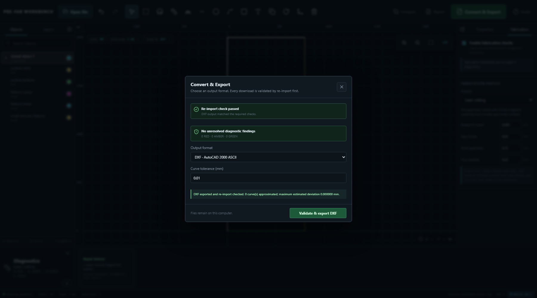 PRE-FAB Convert and Export dialog showing a passed DXF re-import check and zero unresolved diagnostics.