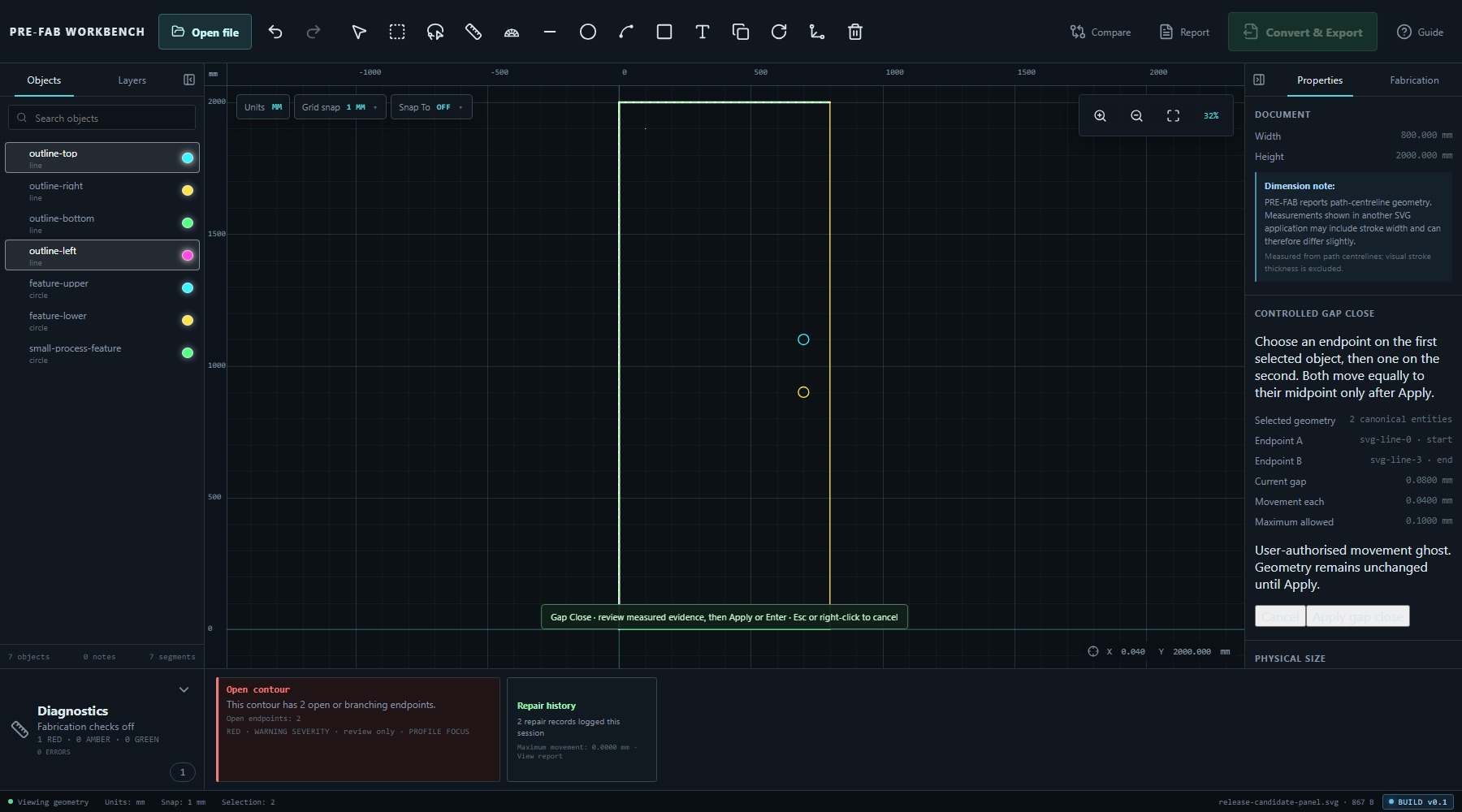 PRE-FAB Workbench showing a controlled Gap Close preview with gap and endpoint movement measurements.
