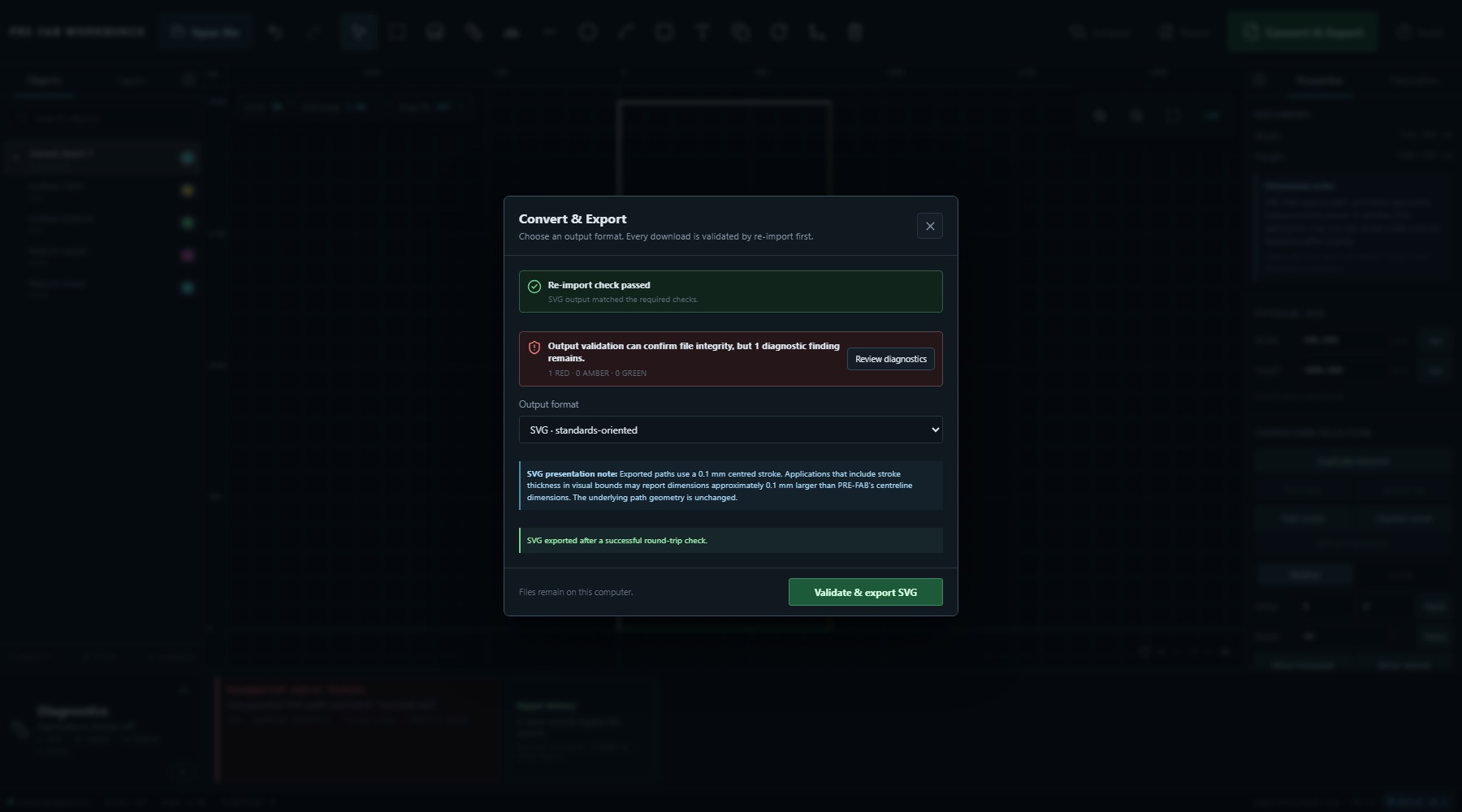 PRE-FAB Convert and Export dialog showing a passed SVG re-import check and one remaining diagnostic.