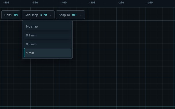 PRE-FAB Grid snap menu showing No snap, 0.1 mm, 0.5 mm and 1 mm options.