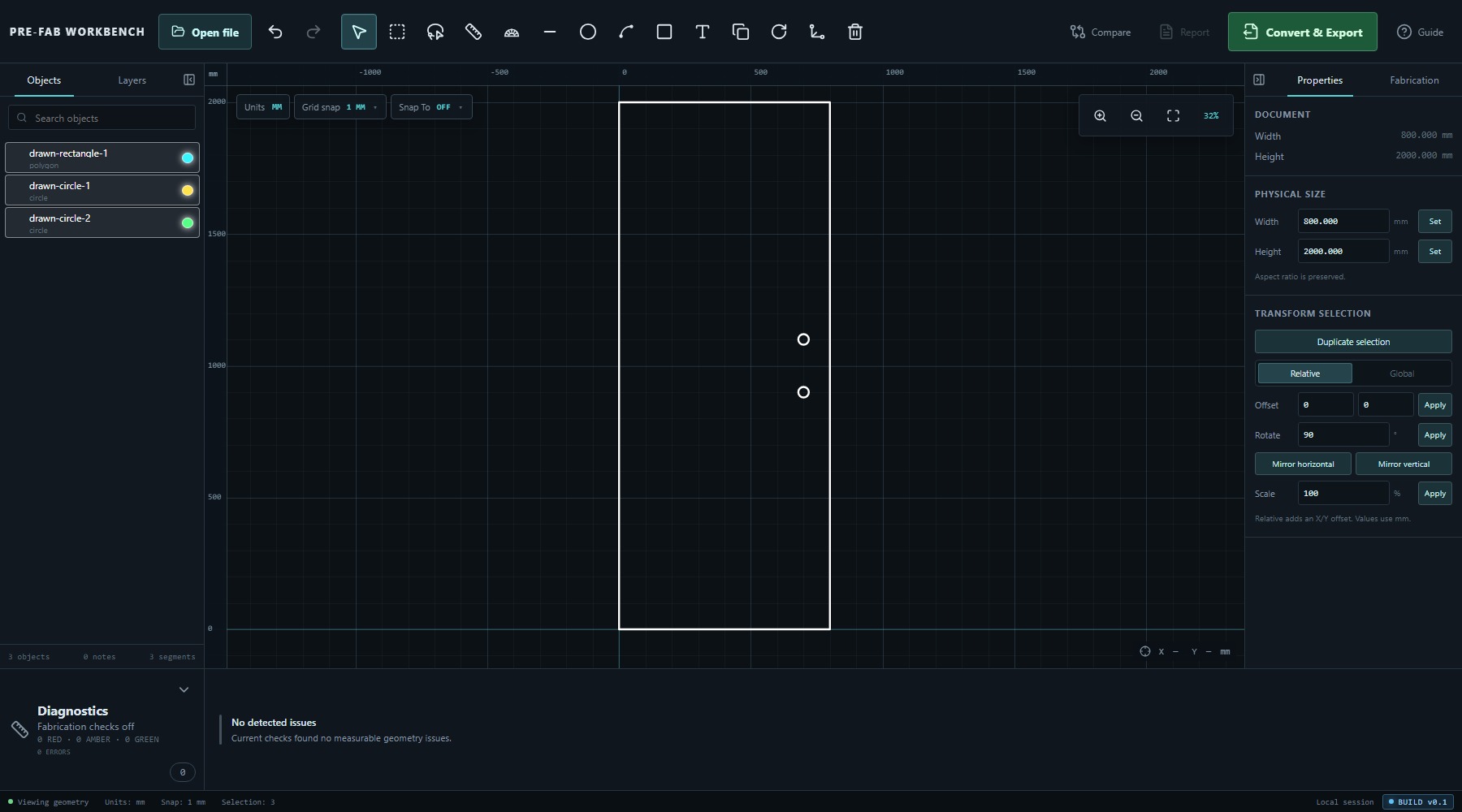 PRE-FAB Workbench with the rectangular panel and both circles selected, three highlighted object rows and enabled transform controls.