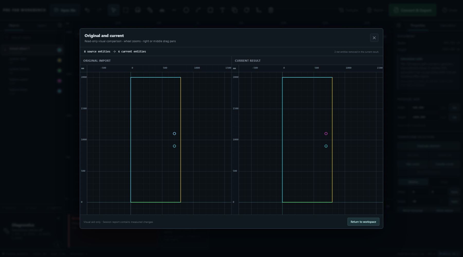 PRE-FAB comparison dialog showing eight source entities and six current entities after safe cleanup and gap closure.