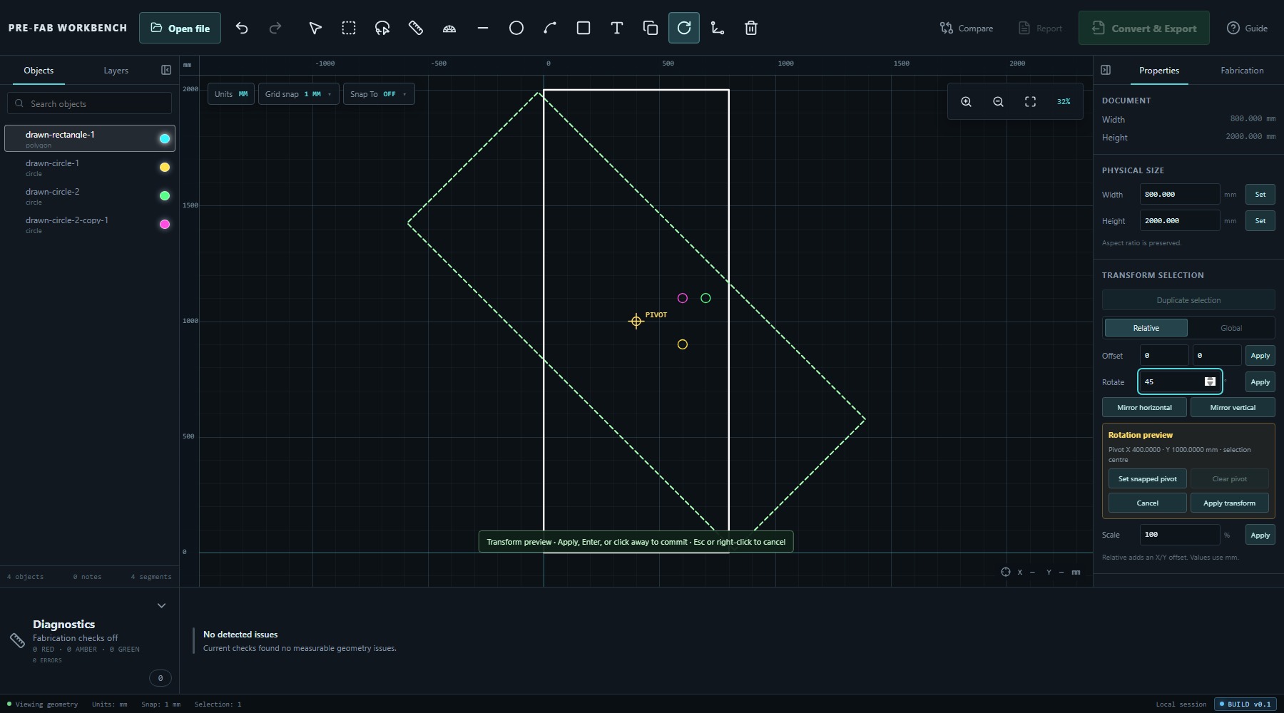 PRE-FAB Workbench showing selected panel geometry in a 45 degree rotation preview with pivot controls.
