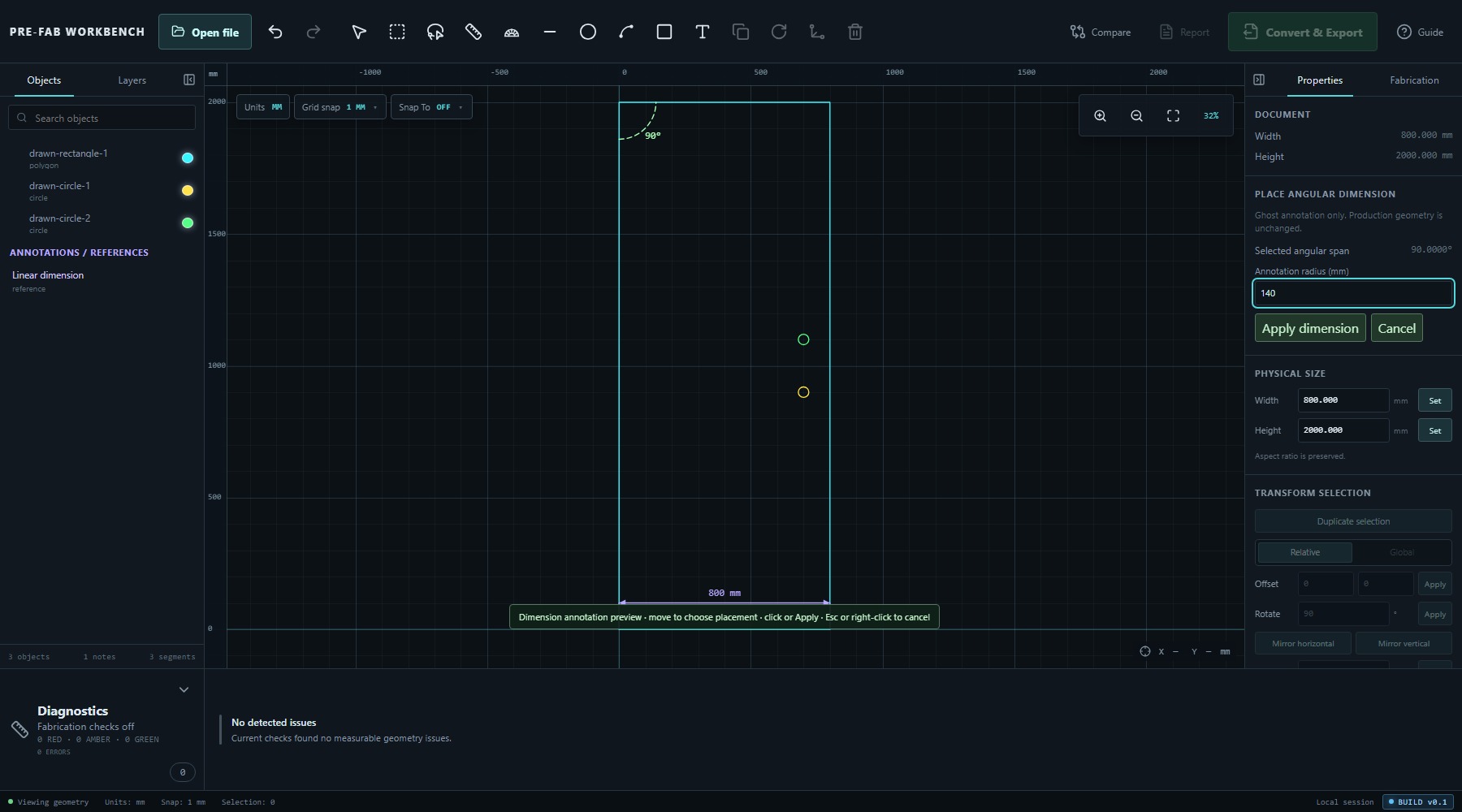 PRE-FAB angular dimension preview showing a 90 degree label with annotation radius controls.