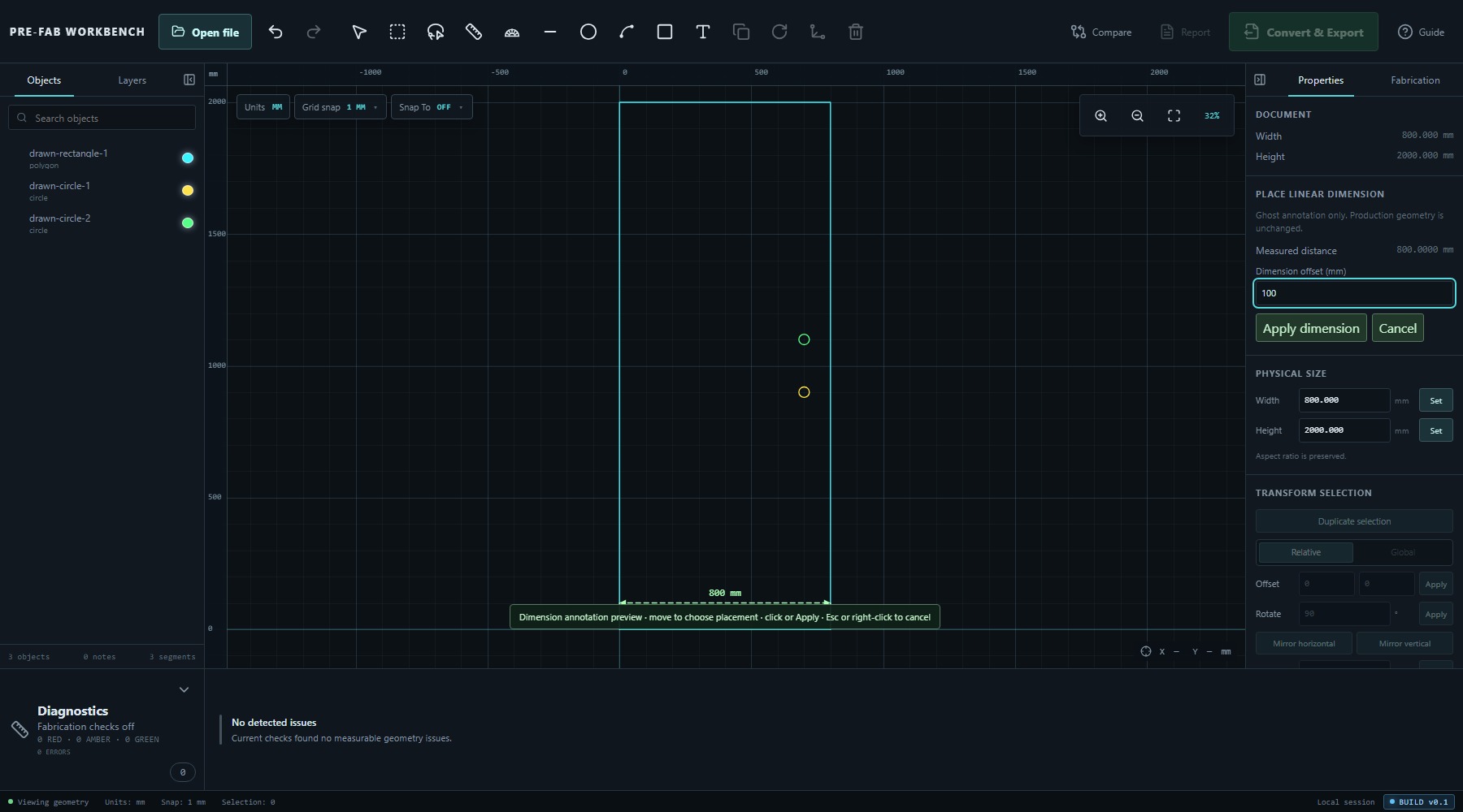 PRE-FAB linear dimension preview showing an 800 millimetre label and a 100 millimetre dimension offset.