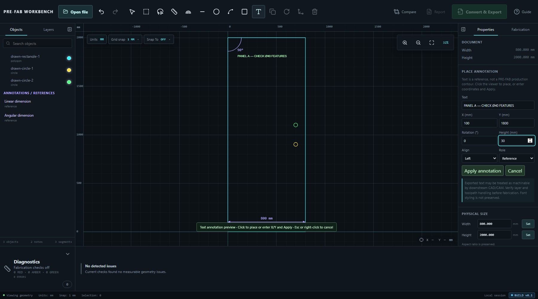 PRE-FAB text annotation preview for PANEL A check diameter 40 features, with reference role and exact placement fields.