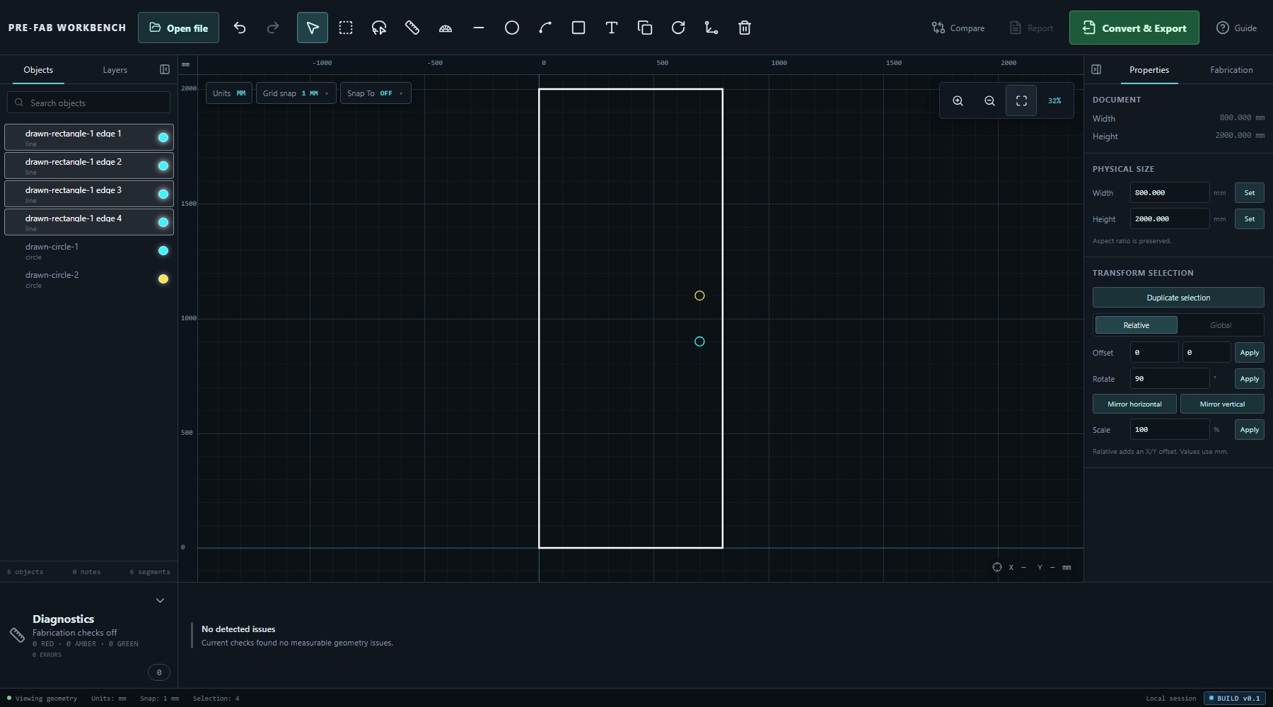 PRE-FAB Workbench showing four rectangle edge Lines and two circles in the Objects panel.