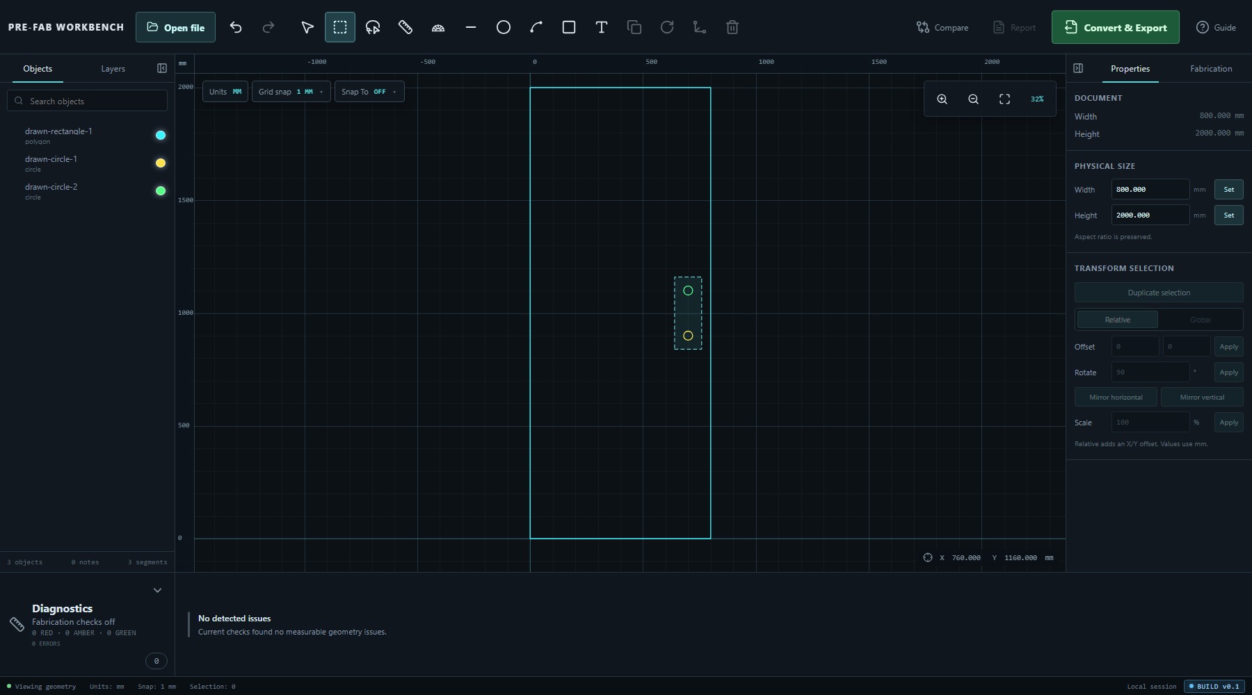 PRE-FAB viewport showing a cyan enclosed-selection rectangle surrounding both circular features.