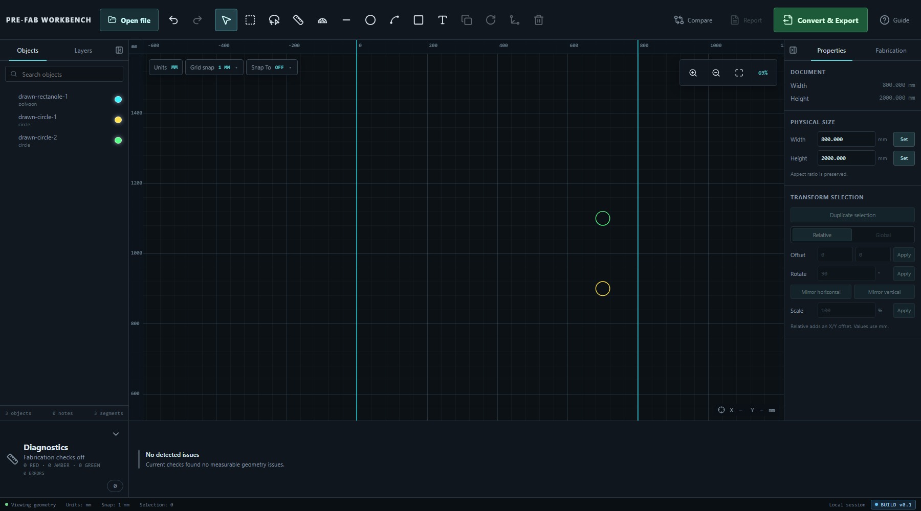 PRE-FAB Workbench showing the three-object panel in a zoomed and panned viewport state.