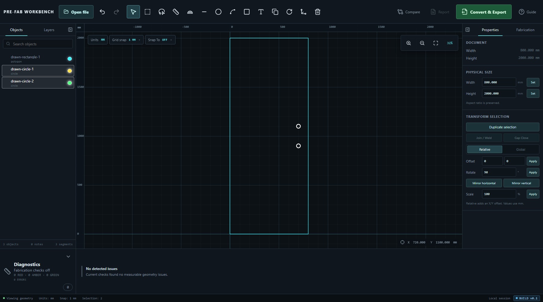 PRE-FAB Workbench with both circular features selected in the viewport and their two Objects rows highlighted.