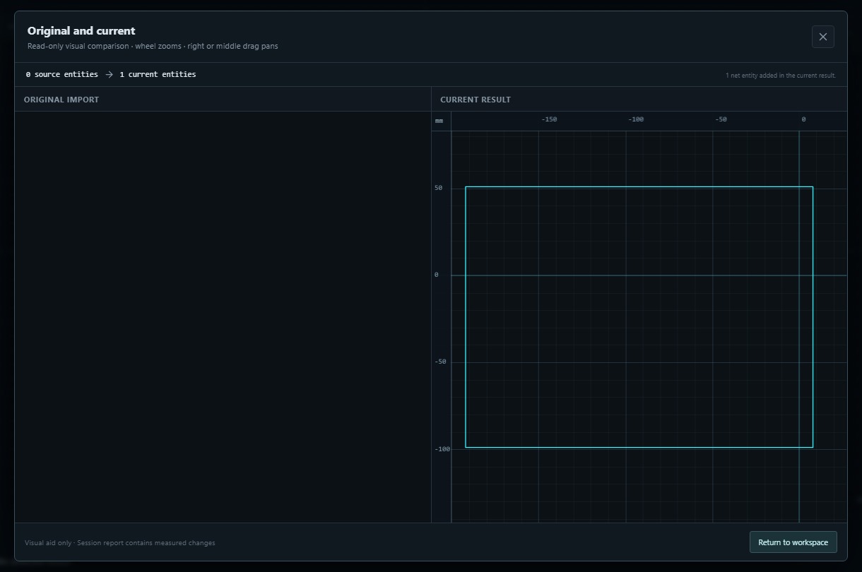 Original and current comparison showing an empty original pane and one rectangle in the current result.