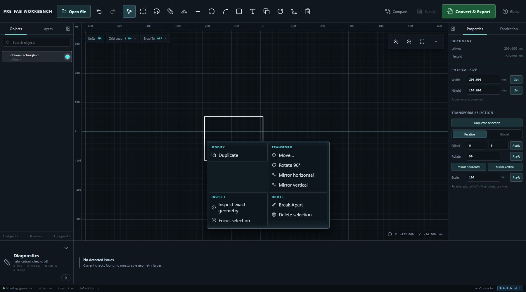 Selected rectangle in PRE-FAB with the right-click menu showing Modify, Transform, Inspect and Object command groups.