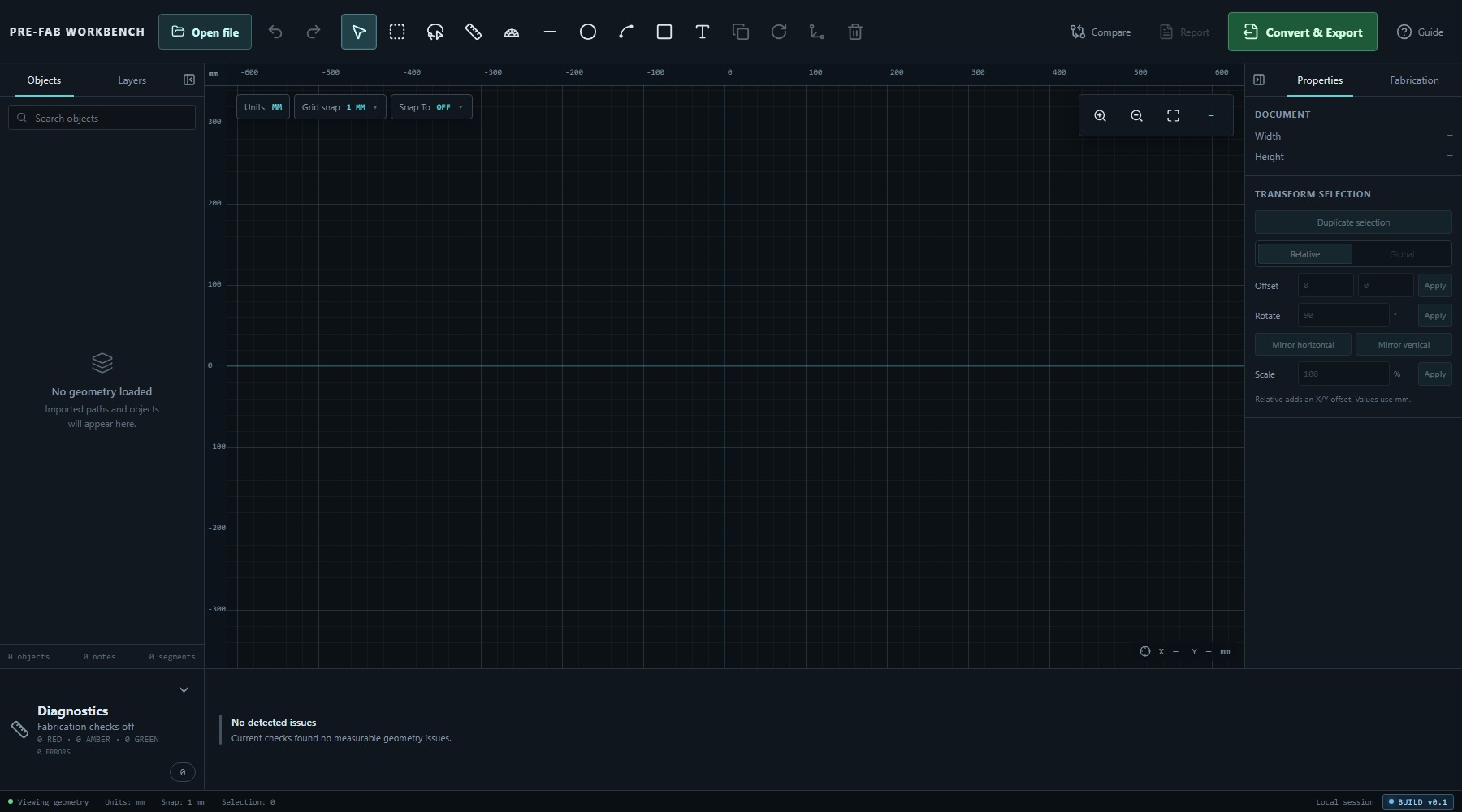 Empty PRE-FAB Workbench showing the top toolbar, Objects panel, central viewport, Properties panel, Diagnostics area and status bar.