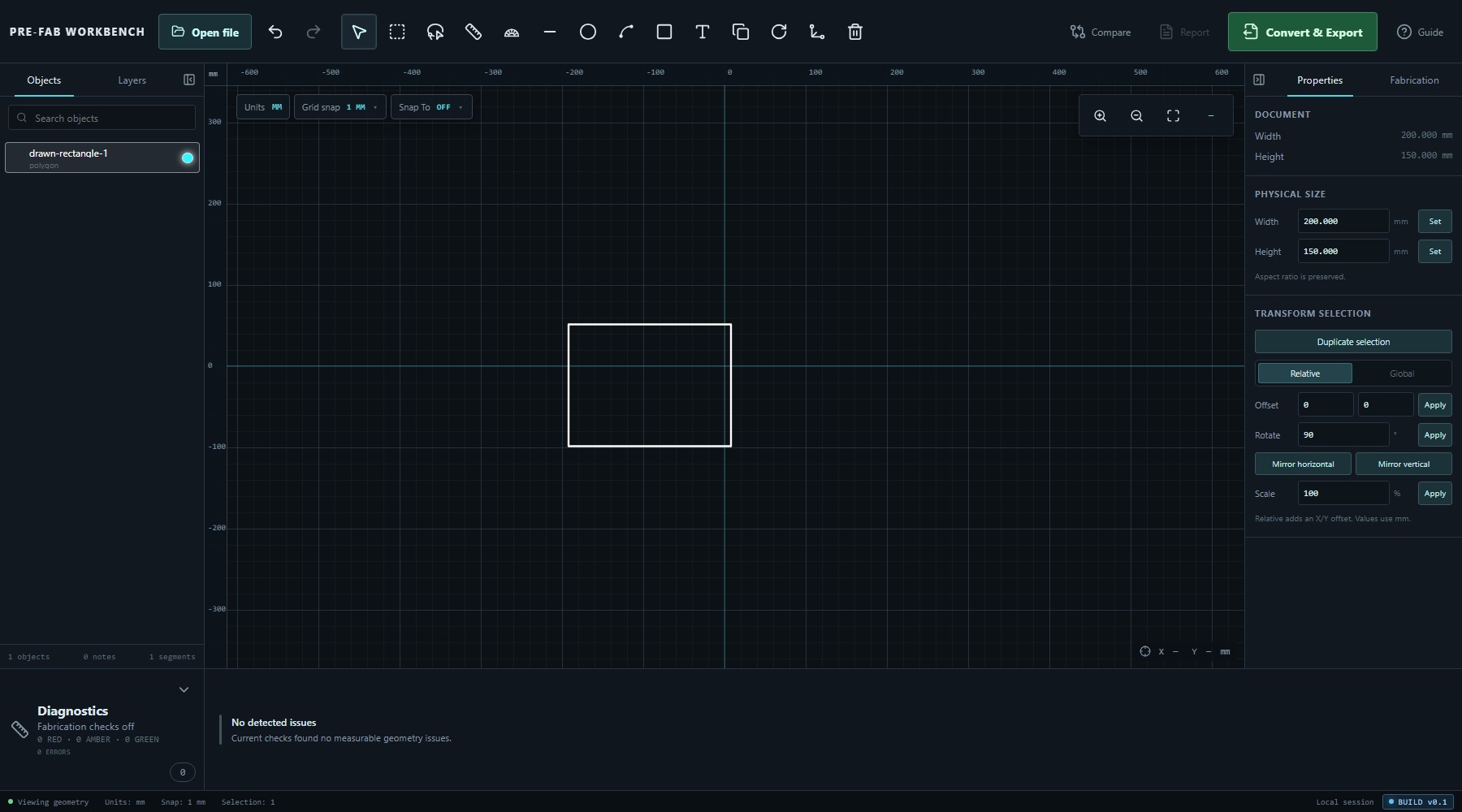 PRE-FAB with one rectangle selected, its object listed at left and selection controls enabled in Properties at right.