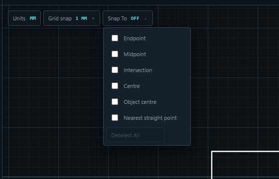 PRE-FAB Snap To menu listing Endpoint, Midpoint, Intersection, Centre, Object centre and Nearest straight point.