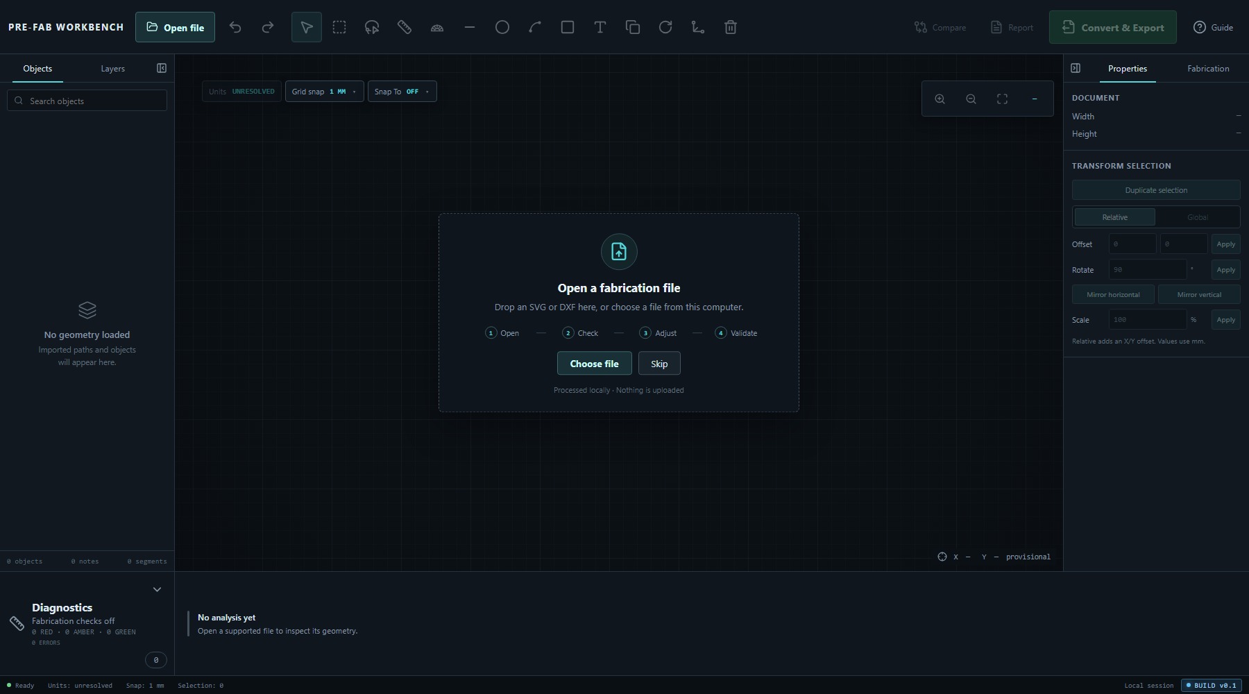 PRE-FAB startup screen with Choose file and Skip over the inactive Workbench.